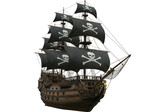 A majestic pirate ship with black sails adorned with skull and crossbones, sailing on a transparent background