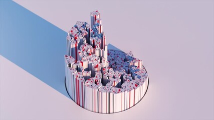 Fototapete - Colorful urban cityscape dynamically growing from terrazzo-like base, visualizing architectural development and modern design evolution against pristine white background