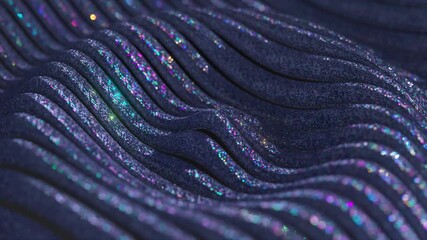 Poster - Luxurious dark fabric glittering with iridescent rainbow reflections, undulating smoothly and creating mesmerizing dynamic patterns of shimmering texture