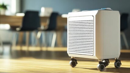 Poster - A single white air conditioner unit sitting on a wooden floor, ideal for use in an office or home
