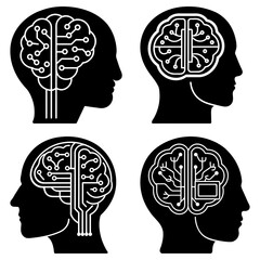 Poster - Illustrations of human head profiles with brains depicted as circuit boards and neural networks design