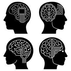 Fototapete - Four human head silhouettes with brain and circuit board designs in black and white illustration