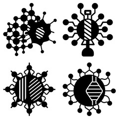 Poster - collection of four stylized black and white vector icons depicting abstract molecular structures and