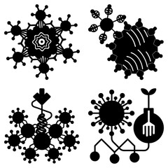 Poster - Illustration of four different abstract designs with circular elements and connecting lines in black and white