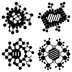 Fototapete - Four stylized black and white illustrations of abstract molecular structures and circuit boards