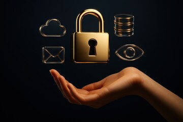 Poster - Cybersecurity Protection: A digital shield. A human hand cradles a golden padlock, surrounded by symbolic icons, representing the core tenets of safeguarding data in cyberspace. 