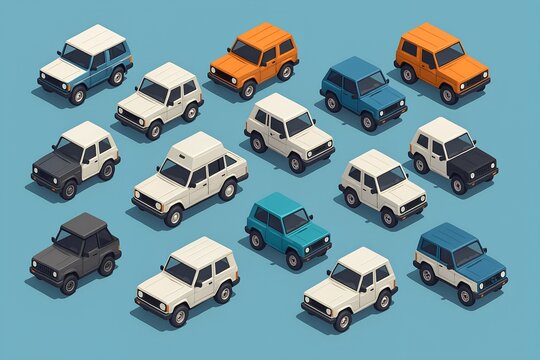 A variety of stylized, cartoonish SUVs are displayed in an isometric view against a solid light blue background. The vehicles come in different colors including white, orange, blue, and gray. 