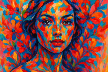  Vibrant Abstract Floral Portrait of a Woman with Bold Brushstrokes and a Colorful Expressionist Style