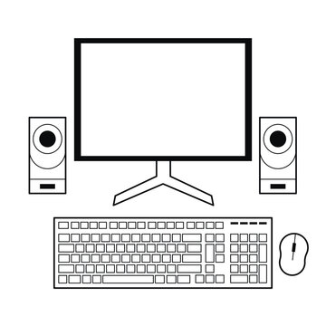 Computer monitor, keyboard, mouse and speakers. Workplace office worker or home freelancer. Black outline icon of technological equipment, vector graphics