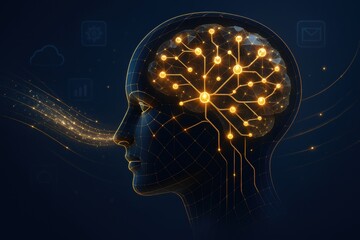 Poster - AI Mind Connection: A futuristic profile view of a human head with glowing neural pathways, symbolizing the connection between human intelligence and artificial intelligence.  
