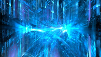 Fototapete - A vibrant, abstract background displays dynamic blue patterns and light effects. This digital environment conveys a futuristic feel, emphasizing depth and motion. 3d render
