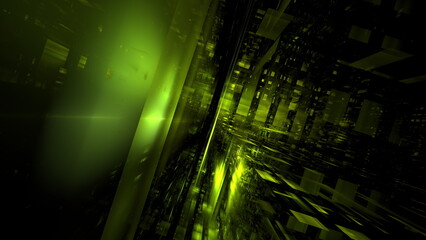 Fototapete - A mesmerizing digital landscape displays flowing green patterns and shapes against a dark backdrop, creating a dynamic and immersive atmosphere that captivates the viewers imagination. 3d render