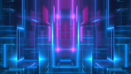 Fototapete - Colorful neon lights and geometric shapes create a dynamic atmosphere in this futuristic digital space. vibrant hues of blue and pink illuminate the surrounding patterns, enhancing depth. 3d render