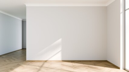 Poster - A bright and spacious empty room features large windows allowing natural light to flood in. The wooden flooring complements the minimalist style, perfect for various interior designs. 3d render