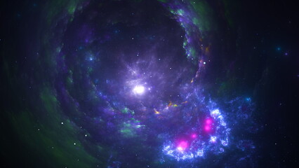 Wall Mural - A stunning cosmic whirlpool showcases a central bright light surrounded by swirling nebulae in shades of purple and blue. Stars twinkle in the dark, vast expanse of space. 3d render