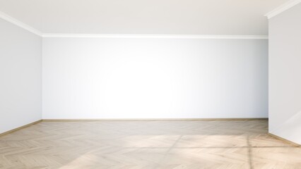 Poster - Empty space featuring light wooden flooring and plain white walls, illuminated by natural light during the day, providing a calm and tranquil environment for various uses. 3d render