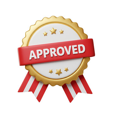 Golden approved badge rendering with stars and ribbon, perfect for demonstrating quality assurance or successful product completion, transparent background