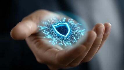 Poster - A hand holding a blue shield with a blue and white design. The shield is glowing and he is a computer chip