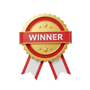Golden winner badge with a red banner displaying 