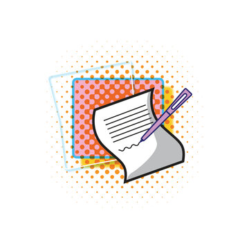 Pop Art Letter, A pop art depiction of a letter, complete with a pen, lines of text, and a signature, set against a backdrop of colorful dots, evoking a retro and creative vibe.