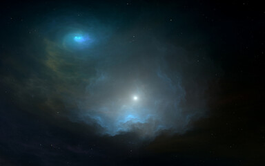 Wall Mural - Space nebula. Giant interstellar cloud and stars scattered across the universe. 3D rendering, fractal image