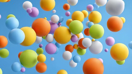 Poster - Colorful floating spheres in various sizes and shades, creating a vibrant and playful atmosphere against a bright blue sky, representing joy and creativity in a whimsical design concept