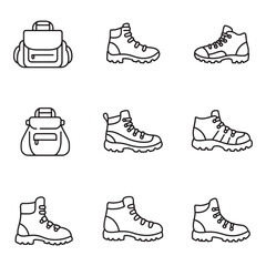 Poster - Black and white illustrated icons of hiking boots and a backpack ready for outdoor adventure.