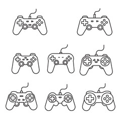 Poster - Collection of various minimalist outlined game controller illustrations isolated on white background