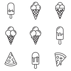 Aufkleber - Delicious assortment of hand drawn ice cream cones popsicles and pizza slice illustrations