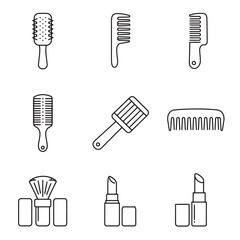 Poster - Line art illustration of various hair brushes, combs, makeup brush, and lipstick icons