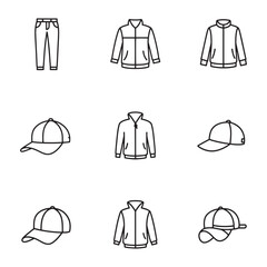 Poster - Minimalist outline illustrations of clothing items including jackets baseball caps and pants
