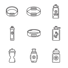 Poster - Set of linear fitness tracker bracelets and water bottle icons in black and white style