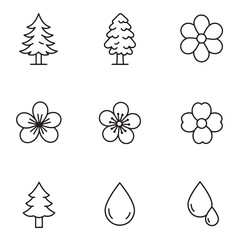 Aufkleber - Simple outline icons of trees flowers and water drops for nature and environmental concepts