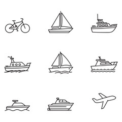 Poster - Simple line drawing illustrations of boats sailboats airplane and bicycle for design concepts