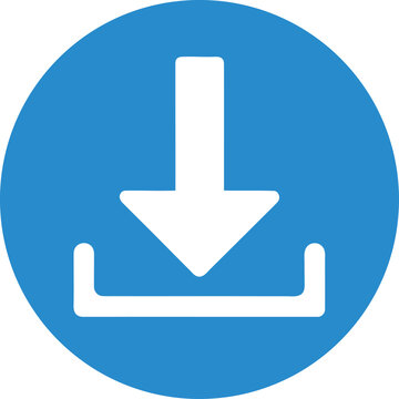 Blue circle with white download arrow icon pointing down into a box symbol graphic
