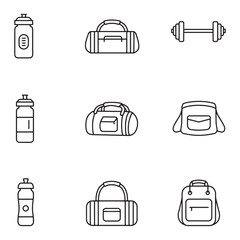 Poster - Vector illustration of gym equipment including water bottles, duffel bags, and dumbbell