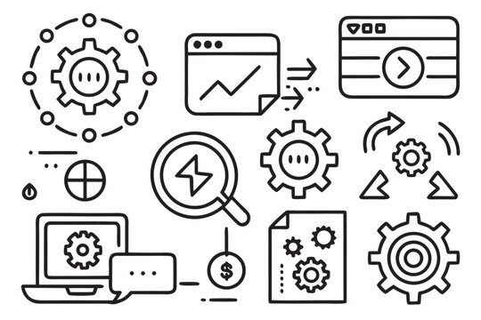 Business process icons with gears and charts on white background cogwheel workflow