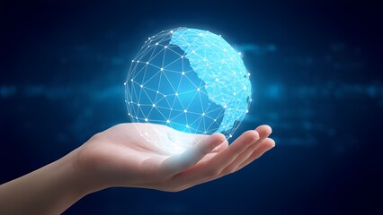 Poster - Digital innovation showcase hand holding glowing globe virtual environment abstract technology concept