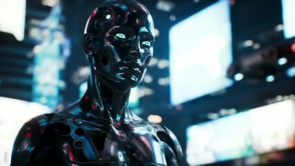 Futuristic robot in a city at night