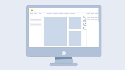 Computer screen with website layout and wireframe design showing UI/UX development in digital animation