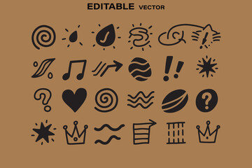 Poster - Collection of hand drawn black doodle icons featuring symbols like stars hearts music notes and question marks