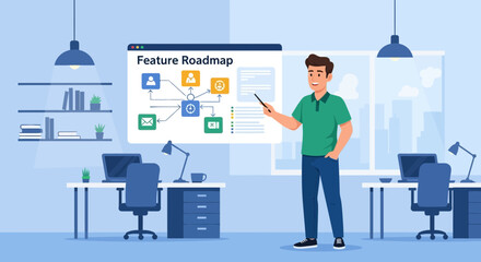 Poster - Man Presenting Feature Roadmap Illustration in a Bright Office Setting