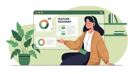 Poster - Woman Presenting A Feature Roadmap And Analytics In A Virtual Meeting
