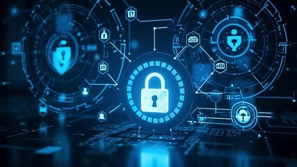 Digital cyber security network protection with glowing lock and connections