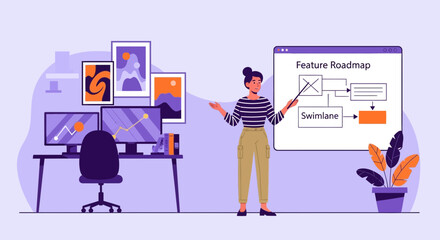 Poster - Woman Presents Feature Roadmap For Software Product With A Presentation