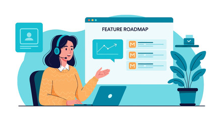 Poster - Woman Presenting New Feature Roadmap for Software Project on Computer