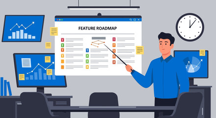 Poster - Explaining Feature Roadmap With Analytics Presentation In Modern Office