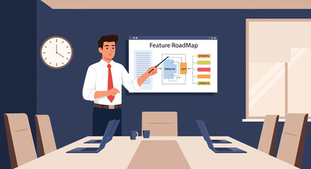 Poster - Software Project Manager Presenting A Feature Roadmap To The Boardroom Team