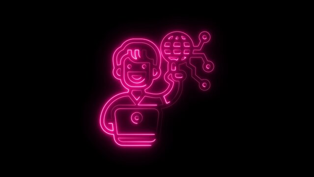 Pink Neon Illustration of a Person with Laptop and Circuit Globe on Black Background