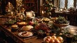 © Maksim - The medieval banquet table was lavishly set with a wide variety of roasted meats, a colorful selection of fruits, numerous sweet pastries, and exquisite golden tableware